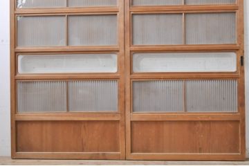 アンティーク建具　大正ロマン　和の風情を感じられる裏ガラス入り格子戸2枚セット(引き戸、ガラス戸、ガラス帯戸)(R-069273)