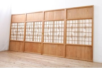 アンティーク建具　明るい木味の温もり溢れる障子帯戸4枚セット(引き戸、障子戸)(R-069275)