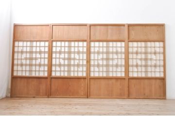 アンティーク建具　明るい木味の温もり溢れる障子帯戸4枚セット(引き戸、障子戸)(R-069275)