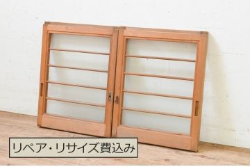 アンティーク建具　レトロな雰囲気が魅力の小さなガラス窓2枚セット(引き戸、ガラス戸)(R-069283)