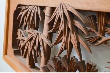 ビンテージ建具　井波彫刻　栄之介作　躍動感のある松竹梅が美しい彫刻欄間2枚セット(ヴィンテージ、明り取り、明かり取り、在銘)(R-069312)