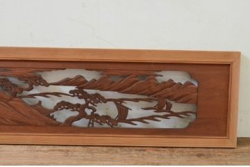 アンティーク建具　上質な和を演出する雄大な富士と松の彫刻欄間2枚セット(明り取り、明かり取り)(R-069316)