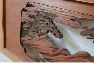 アンティーク建具　上質な和を演出する雄大な富士と松の彫刻欄間2枚セット(明り取り、明かり取り)(R-069316)