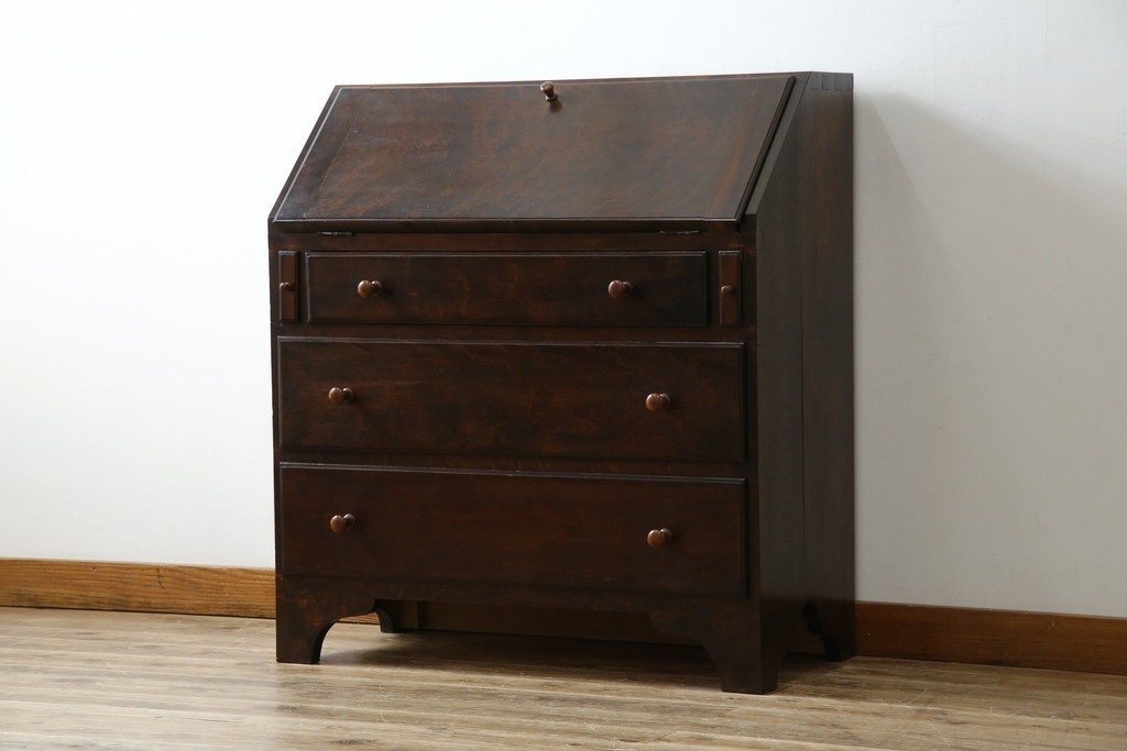 和製ビンテージ　松本民芸家具　♯308型　古びた風合いの木肌がレトロさを醸し出すシックなライティングビューロー　定価約45万円　(R-069345)