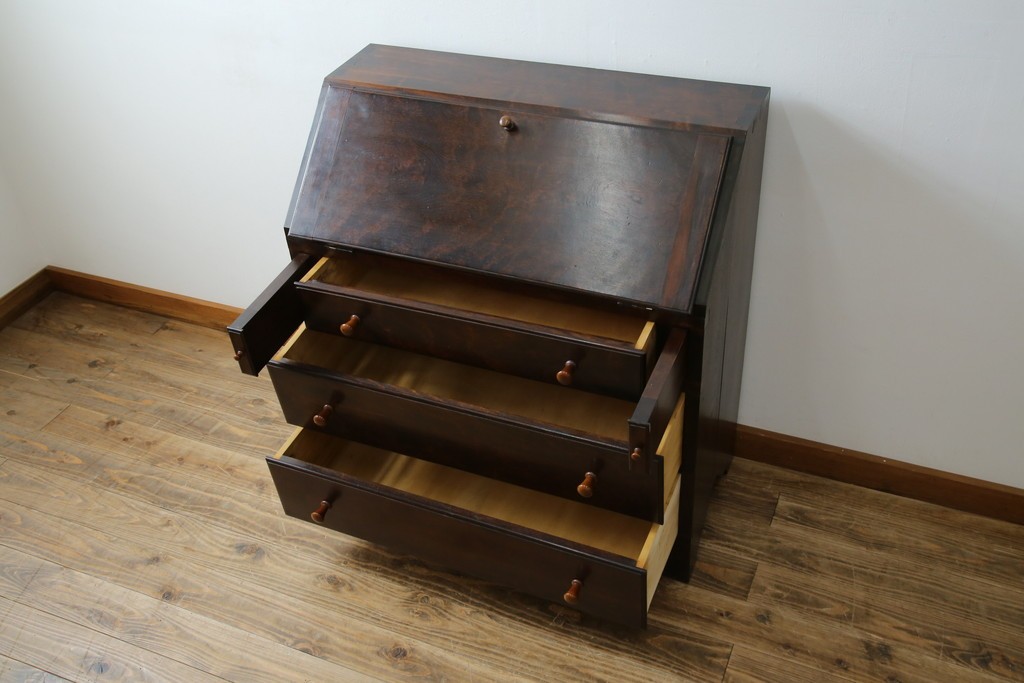 和製ビンテージ　松本民芸家具　♯308型　古びた風合いの木肌がレトロさを醸し出すシックなライティングビューロー　定価約45万円　(R-069345)