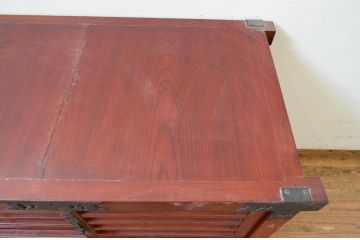 中古　匠工芸　三方欅(ケヤキ)材　重厚感と緻密な美しさを兼ね備えた三国帳場箪笥ローボード(和タンス、時代箪笥、収納たんす、引き出し、ローチェスト、テレビ台)(R-069352)