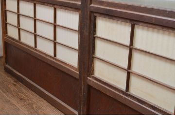 アンティーク建具　どこか懐かしい空気を醸し出す裏障子付き格子戸4枚セット(引き戸、障子戸、ガラス帯戸)(R-069371)