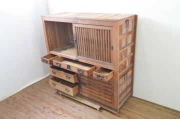 和製アンティーク　古い木味の大きな重ね収納箪笥(夜具箪笥、布団箪笥、水屋箪笥、キャビネット、食器棚、収納棚)(R-069454)