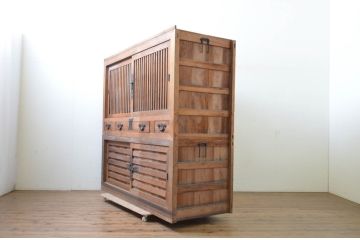 和製アンティーク　古い木味の大きな重ね収納箪笥(夜具箪笥、布団箪笥、水屋箪笥、キャビネット、食器棚、収納棚)(R-069454)