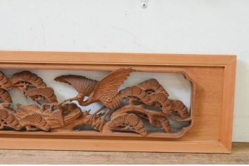 ビンテージ建具　井波彫刻　清雪作　躍動感あふれる松・鶴・亀が美しい両面彫刻欄間2枚セット(明り取り、明かり取り、在銘、ヴィンテージ)(R-069458)