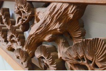 ビンテージ建具　井波彫刻　清雪作　躍動感あふれる松・鶴・亀が美しい両面彫刻欄間2枚セット(明り取り、明かり取り、在銘、ヴィンテージ)(R-069458)