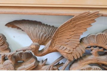 ビンテージ建具　井波彫刻　清雪作　躍動感あふれる松・鶴・亀が美しい両面彫刻欄間2枚セット(明り取り、明かり取り、在銘、ヴィンテージ)(R-069458)