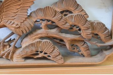 ビンテージ建具　井波彫刻　清雪作　躍動感あふれる松・鶴・亀が美しい両面彫刻欄間2枚セット(明り取り、明かり取り、在銘、ヴィンテージ)(R-069458)