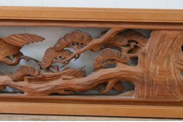 ビンテージ建具　井波彫刻　清雪作　躍動感あふれる松・鶴・亀が美しい両面彫刻欄間2枚セット(明り取り、明かり取り、在銘、ヴィンテージ)(R-069458)
