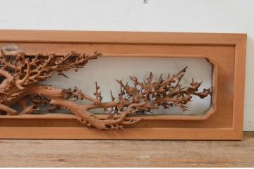 ビンテージ建具　井波彫刻　清流作　躍動感のある松竹梅が美しい両面彫刻欄間2枚セット(明り取り、明かり取り、在銘、ヴィンテージ)(R-069461)