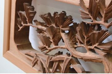 ビンテージ建具　井波彫刻　清流作　躍動感のある松竹梅が美しい両面彫刻欄間2枚セット(明り取り、明かり取り、在銘、ヴィンテージ)(R-069461)