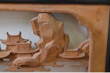 アンティーク建具　井波彫刻　桃源郷の珍しい図柄が魅力的な両面彫刻欄間2枚セット(明り取り、明かり取り)(R-069462)