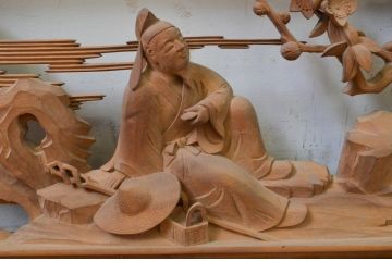 アンティーク建具　井波彫刻　桃源郷の珍しい図柄が魅力的な両面彫刻欄間2枚セット(明り取り、明かり取り)(R-069462)