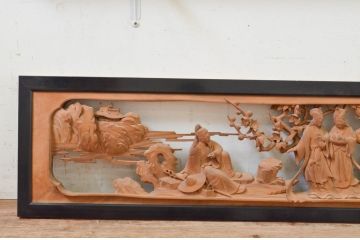 アンティーク建具　井波彫刻　桃源郷の珍しい図柄が魅力的な両面彫刻欄間2枚セット(明り取り、明かり取り)(R-069462)