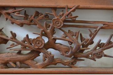 ビンテージ建具　井波彫刻　晴雲作　躍動感のある松竹梅が美しい両面彫刻欄間2枚セット(明り取り、明かり取り、在銘、ヴィンテージ)(R-069464)