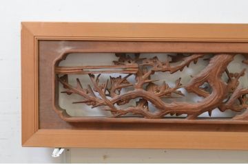 ビンテージ建具　井波彫刻　晴雲作　躍動感のある松竹梅が美しい両面彫刻欄間2枚セット(明り取り、明かり取り、在銘、ヴィンテージ)(R-069464)