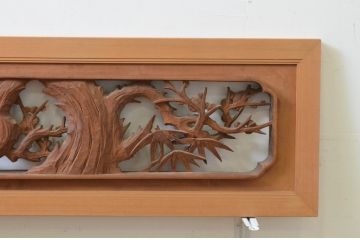 ビンテージ建具　井波彫刻　晴雲作　躍動感のある松竹梅が美しい両面彫刻欄間2枚セット(明り取り、明かり取り、在銘、ヴィンテージ)(R-069464)