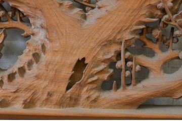 アンティーク建具　越中　井波彫刻　明雲作　繊細な菊・竹・梅のデザインが目を惹く両面彫刻欄間2枚セット(明り取り、明かり取り、在銘)(R-069465)