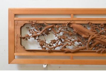 ビンテージ建具　井波彫刻　清峰刀　躍動感のある鶴・亀と松竹梅が美しい両面彫刻欄間2枚セット(明り取り、明かり取り、在銘、ヴィンテージ)(R-069468)