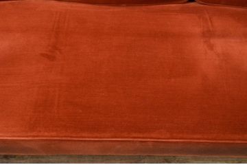 中古　美品　松本民芸家具　#301型曲肘布張椅子　上品なオレンジカラーが空間のアクセントになる3人掛けソファ(3P、三人掛け、トリプルソファ、アームソファ)(定価約48万円)(R-069504)