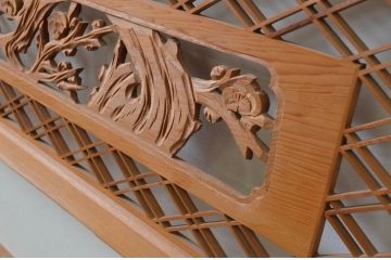 アンティーク建具　松竹梅　二重菱の組子入り彫刻欄間2枚セット(明かり取り、明り取り)(R-069519)