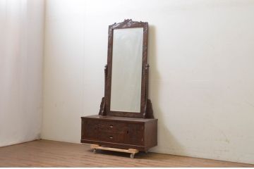 中古　軽井沢彫り　細部まで丁寧に施された桜の彫刻が美しい鏡台(ドレッサー、姿見、ミラー)(R-069535)