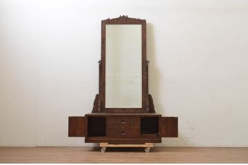 中古　軽井沢彫り　細部まで丁寧に施された桜の彫刻が美しい鏡台(ドレッサー、姿見、ミラー)(R-069535)