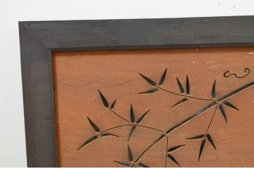 アンティーク建具　板部欅(ケヤキ)材　和の空間を彩る竹と雀の透かし彫り欄間1枚(明り取り、明かり取り)(R-069542)