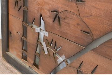 アンティーク建具　板部欅(ケヤキ)材　和の空間を彩る竹と雀の透かし彫り欄間1枚(明り取り、明かり取り)(R-069542)