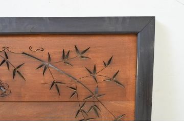 アンティーク建具　板部欅(ケヤキ)材　和の空間を彩る竹と雀の透かし彫り欄間1枚(明り取り、明かり取り)(R-069542)