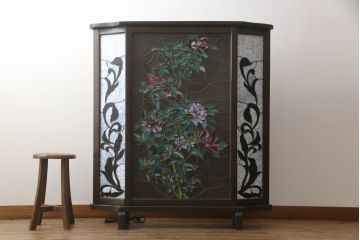 和製ビンテージ　職人手造り　照明付き　豪華な花のステンドグラスが美しい衝立て(パーテーション、間仕切り、ヴィンテージ)(R-069587)