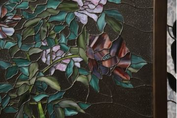 和製ビンテージ　職人手造り　照明付き　豪華な花のステンドグラスが美しい衝立て(パーテーション、間仕切り、ヴィンテージ)(R-069587)