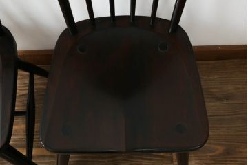 和製ビンテージ　松本民芸家具　#55型　レトロで温かみ漂うスピンドルチェア2脚セット(木製イス、板座チェア、ダイニングチェア、椅子、ヴィンテージ)(R-069621)