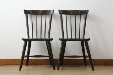 和製ビンテージ　松本民芸家具　#55型　レトロで温かみ漂うスピンドルチェア2脚セット(木製イス、板座チェア、ダイニングチェア、椅子、ヴィンテージ)(R-069622)