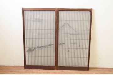  アンティーク建具　山と海どちらの風情も味わえる書院窓2枚セット(書院戸、引き戸)(R-069638)