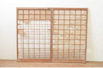 アンティーク建具　どこか懐かしい雰囲気溢れる障子戸2枚セット(引き戸、障子窓)(R-069639)