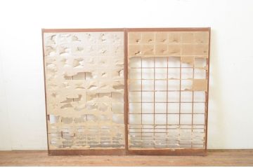 アンティーク建具　どこか懐かしい雰囲気溢れる障子戸2枚セット(引き戸、障子窓)(R-069639)