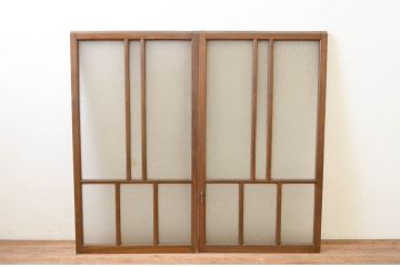 アンティーク建具　上手物!!　タモ材　両面　両取り　大正ロマンなお部屋作りにおすすめなガラス窓2枚セット(引き戸、ガラス戸)(R-069644)