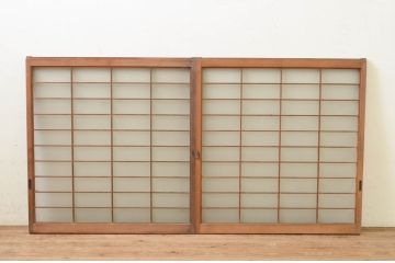 アンティーク建具　レトロな空間演出におすすめの格子入りガラス戸2枚セット(引き戸、格子戸、窓)(R-069650)