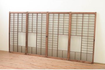 アンティーク建具　風情のある佇まいが魅力的な格子入り幅狭ガラス戸4枚セット(窓、引き戸、格子戸)(R-069662)