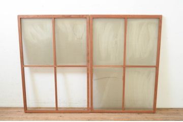 アンティーク建具　総欅(ケヤキ)材　上品な佇まいが魅力のガラス窓2枚セット(引き戸、ガラス戸)(R-069675)