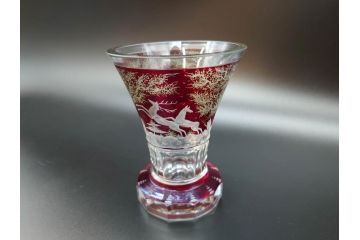 チェコ製　GLASSBOR(グラスバー)　鹿模様　ボヘミアガラス　ボヘミアングラス　花器(カットグラス、切子、フラワーベース、花瓶)(R-069698)