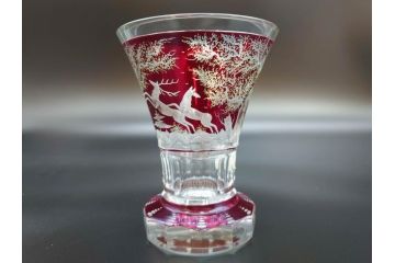 チェコ製　GLASSBOR(グラスバー)　鹿模様　ボヘミアガラス　ボヘミアングラス　花器(カットグラス、切子、フラワーベース、花瓶)(R-069698)