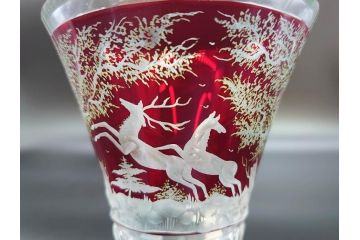 チェコ製　GLASSBOR(グラスバー)　鹿模様　ボヘミアガラス　ボヘミアングラス　花器(カットグラス、切子、フラワーベース、花瓶)(R-069698)
