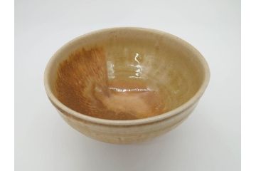利岡光仙　九谷光仙窯　自銘「瑞光」　黄釉　茶碗(共箱付き、和食器、茶道具、茶器)(R-069701)